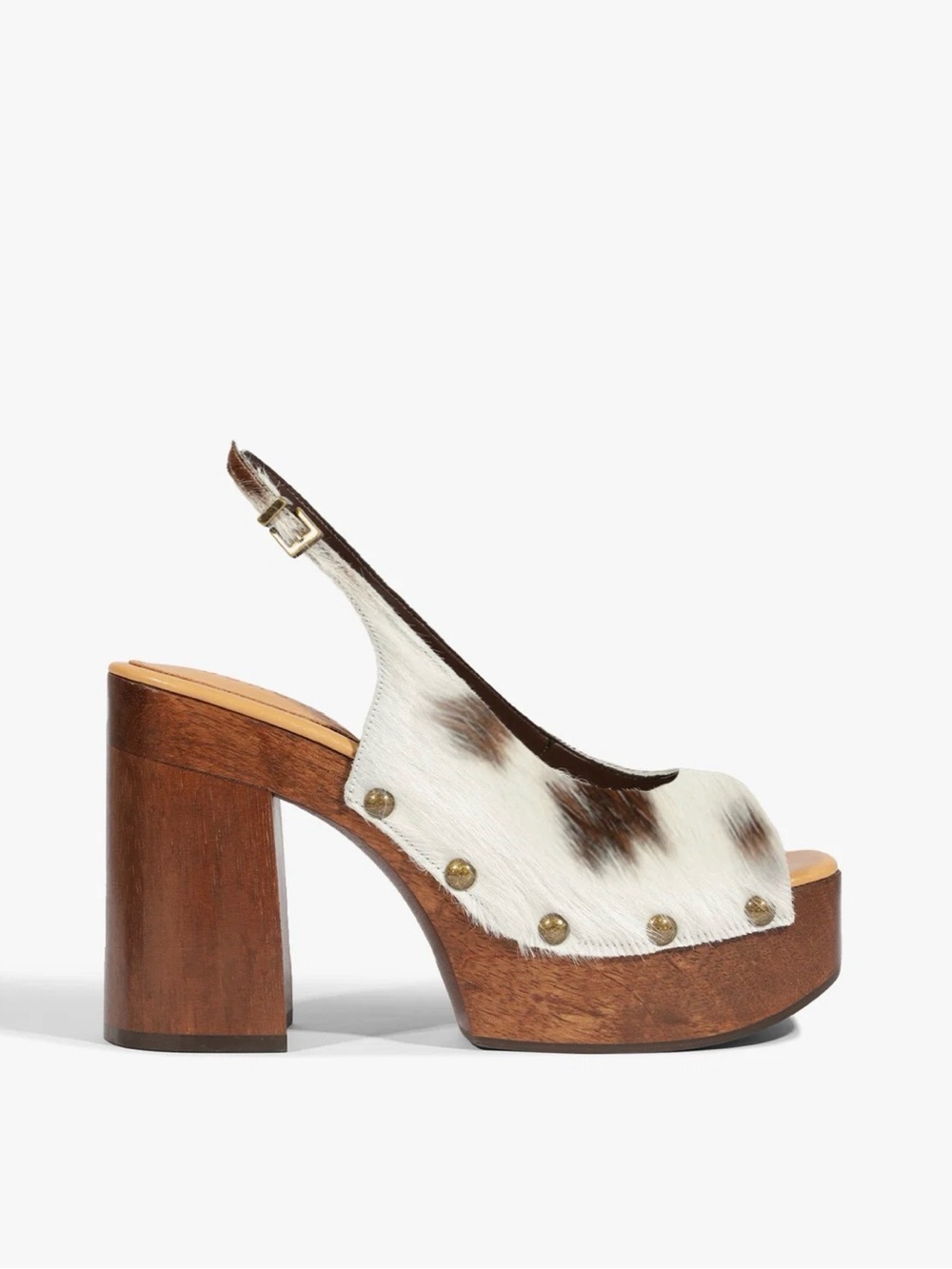 SCHUTZ White and Brown Cowhide Platform Slingback Heels